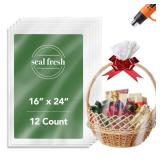 Seal Fresh Shrink Wrap Gift Bags 16 x 24 Inch (12 Pack) Clear PVC Wrap Bags for DIY Gifts, Holiday Packaging, Party Favors (Ribbon & Base Not Included)
