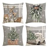 AVOIN colorlife Christmas Tree Reindeer Truck Stripes Gray Throw Pillow Covers, 20 x 20 Inch Winter Holiday Cushion Case Decoration for Sofa Couch Set of 4, Grey