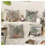 AVOIN colorlife Christmas Tree Reindeer Truck Stripes Gray Throw Pillow Covers, 20 x 20 Inch Winter Holiday Cushion Case Decoration for Sofa Couch Set of 4, Grey