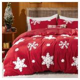 Bedsure Fluffy Duvet Cover Set - Ultra Soft Plush Shaggy Comforter Cover Queen Size, Warm Flannel Fleece Bed Sets for Winter, 3 Pieces, Snowflake Pattern, Red