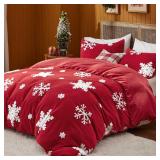 Bedsure Fluffy Duvet Cover Set - Ultra Soft Plush Shaggy Comforter Cover Queen Size, Warm Flannel Fleece Bed Sets for Winter, 3 Pieces, Snowflake Pattern, Red