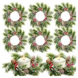 Hotop 8 Pcs Christmas Candle Rings Wreaths Kitchen Cabinet Wreaths Artificial Red Berries and Pine Cones Pillars Candle Rings for Christmas Table Window Chair