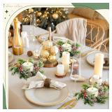 Hotop 8 Pcs Christmas Candle Rings Wreaths Kitchen Cabinet Wreaths Artificial Red Berries and Pine Cones Pillars Candle Rings for Christmas Table Window Chair