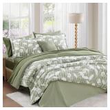 BLOOMHAVEN Queen Comforter Set -7 Pieces Sage Green Floral Comforter Set for All Seasons, Bed in a Bag Queen with Botanical Flowers Comforter, Sheets, Pillowcases & Shams