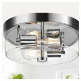 Flush Mount Ceiling Light Fixtures, 2-Light Chrome Ceiling Mount for Farmhouse with Seeded Glass Lampshade, Industrial Hall Flush Mount Light Fixture for Hallway, Kitchen, Entryway, Bedroom and Foyer
