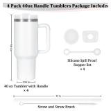 4 Pack 40 Oz Tumbler with Handle Bulk, Double Wall Vacuum Insulated Stainless Steel Tumbler with Lid and Straw, 40 oz cup with Silicone Spill Proof Stopper Set (White)