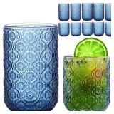 FERAHI Blue Drinking Glasses Set of 12, 12 Oz Highball & 10 Oz Cocktail Glasses, Blue Kitchen Vintage Glassware Set, Floral Embossed Glass Tumbler Cups for Water, Beer, Juice, Whiskey, Coffee