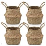 Qunclay 4 Pcs Woven Seagrass Baskets Belly Basket Folding Boho Natural Plant Pot with Handles Round Decorative Wicker Large Indoor Planter for Home Outdoor Tree Planters Decor (5.5 x 6.3 Inch)