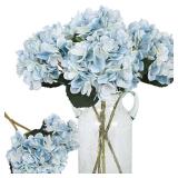 Kisflower Blue Hydrangea Artificial Flowers 6pcs Faux Hydrangea Flowers, Fake Flowers for Table Centerpiece, Blue Silk Hydrangea Flowers with Stems for Home Wedding Party Decor