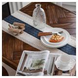 Alynsehom Macrame Table Runner Cream Beige and Blue Boho Table Runners with Tassels Hand Woven Cotton Table Runner Rustic Farmhouse Table Runners for Bohemian Kitchen Dining Table(12x48in)