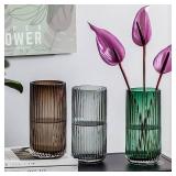 DECORPIA 8 Inch Premium Thickened Green Glass Vase - Ribbed Glass Flower Vase for Rustic Home Decor, Decorative Vases for Flowers for Modern Farmhouse, Ideal for Shelf, Mantle, Table Entryway Decor