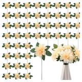 XunYee 50 Pack Artificial Wedding Dahlia Flowers Bulk Silk Dahlias with Stems and Green Leaves Fake Flora Decoration Faux Bouquets for DIY Bridal Shower Wedding Party(Champagne)