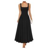 ZESICA Womens 2025 Summer Sleeveless Square Neck Sundress Casual Long Flowy A Line Knit Dress Beach Vacation Maxi Dresses,Black,Small