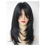 Natural Black wig with bangs Layered Wigs for white Women black hair wig Synthetic Wigs Flow out Curl for White Women (Black)