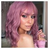 LOSMOEER Purple Pink Wig with Bangs Short Wavy Wigs for Women Shoulder Length Curly Bob Wigs Heat Resistant Synthetic Wigs for Halloween Cosplay Daily Party Use