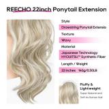 REECHO Ponytail Extension, Drawstring Ponytail Extension Long Wavy Layered Pony Tails Hair Extensions 22inch Natural Clip in Synthetic Hairpiece for Women, Medium Blonde with Highlights