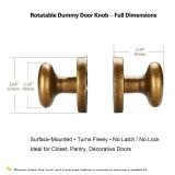 dairazan Rotating Dummy Door Knob Set 2 Pack Antique Brass Round Decorative Knobs for Closet, Double Door, French Cabinet, Vintage Style Surface-Mount Handle with Smooth Rotation