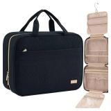 NISHEL Travel Toiletry Bag for women, Portable Hanging Organizer for Full-Sized Shampoo, Conditioner, Brushes Set, Makeup Accessories, Large Size, Black