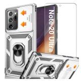 for Samsung Galaxy Note 20 Ultra Case with HD Screen Protector, Build in Magnetic Ring Kickstand [Military Grade] Protective Case for Galaxy Note 20 Ultra, Silver