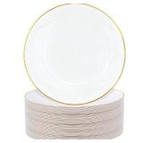 Nervure 100 Pieces Gold Plastic Plates - 10.25 inch Gold Dinner Plates - Heavyweight White and Gold Disposable Plates Ideal for Wedding & Party & Thanksgiving