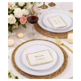 Nervure 100 Pieces Gold Plastic Plates - 10.25 inch Gold Dinner Plates - Heavyweight White and Gold Disposable Plates Ideal for Wedding & Party & Thanksgiving