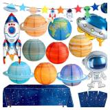 Sotiff 16 Pcs Space Birthday Themed Party Favors Decorations Supplies Includes Planet Paper Lanterns Plastic Universe Tablecloth Garland Astronaut UFO Rocket Balloon for Star System