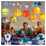 Sotiff 16 Pcs Space Birthday Themed Party Favors Decorations Supplies Includes Planet Paper Lanterns Plastic Universe Tablecloth Garland Astronaut UFO Rocket Balloon for Star System