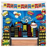 17Pcs Super Theme Hero Party Photography Backdrop for Hero Birthday Decorations with Hero Background Skyscraper City Boxes Hero Cutouts Super Banner for Super Theme Hero Birthday Party Supplies