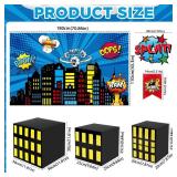 17Pcs Super Theme Hero Party Photography Backdrop for Hero Birthday Decorations with Hero Background Skyscraper City Boxes Hero Cutouts Super Banner for Super Theme Hero Birthday Party Supplies