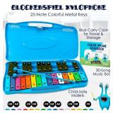 MISSING MALLETS MINIARTIS Glockenspiel Xylophone | 25 Note Colorful Metal Keys Xylophone for Kids | Percussion Musical Instrument | Educational Music Toy Includes Music Songbook, Mallets and Blue Carr