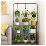 SORCEDAS Plant Stand Indoor Outdoor 3 Tier Tall Corner Hanging Plant Shelf Metal Flower Stands Ladder Plant Holder for Living Room Balcony Garden Patio Multiple Plants, Dark Grey