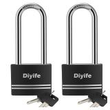 Diyife Padlock with Key, [2 Pack] [Waterproof] Lock with Key, Long Shackle Padlocks for Outdoor Anti-Rust, Small Covered Aluminum Padlock with 4 Alike Keys for Gym Locker, Fence, Shed