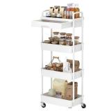 Dttwacoyh 4-Tier Rolling Cartï¼Trolley with Drawer, Kitchen Storage Organizer with Plastic Shelf & Metal Wheels, Storage Cart for Living Room, Kitchen, Office, Bathroom, White