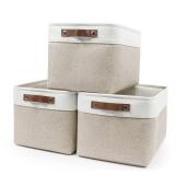 Bagnizer Storage Bins Large Fabric Storage Baskets for Shelves 3 Pack, Decorative Linen Closet Baskets with Handles for Organizing, Shelf, Clothes, Home, Office, 15x11x9.5Inches (Beige&White)