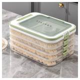 4 Layers Dumplings Storage with Dumpling Maker & Spoon & Dumpling Wrapper Space, Box Organizer Stackable for Various Small Desserts & Cookies with Buckle, Lid & Handle for Fridge, White-Green