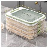 4 Layers Dumplings Storage with Dumpling Maker & Spoon & Dumpling Wrapper Space, Box Organizer Stackable for Various Small Desserts & Cookies with Buckle, Lid & Handle for Fridge, White-Green