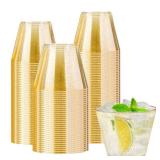 Lamosi 100 Pack 9 oz Gold Plastic Cups, Disposable Gold Glitter Plastic Cups, Fancy Clear Plastic Cocktail Cups for Wedding, Thanksgiving, Christmas, Parties