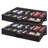 Lifewit Under Bed Shoe Storage Organizer Set of 2, 4.3 Inches Tall Low Profile Fabric Shoes Container Box with Clear Cover, Foldable Storage Bag with 2 Handles, Total Fits 24 Pairs of Shoes, Black