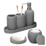 (Chip in Tray) Bathroom Accessory Set, 6PCS Gray Bathroom Accessories - Soap Dish, Lotion Dispenser, Toothbrush Holder, Mouthwash Cup, Tray, Cotton Ball Jar, Aesthetic Decor Bathroom Sets