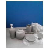 (Chip in Tray) Bathroom Accessory Set, 6PCS Gray Bathroom Accessories - Soap Dish, Lotion Dispenser, Toothbrush Holder, Mouthwash Cup, Tray, Cotton Ball Jar, Aesthetic Decor Bathroom Sets