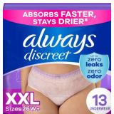 Always Discreet Adult Incontinence Underwear for Women and Postpartum Underwear, XXL, Up to 100% Bladder Leak Protection, 13 Count