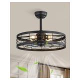 LEDIARY 22 inch Black Caged Ceiling Fan with Light, Bladeless Industrial Ceiling Fan with Remote, Farmhouse Fan Lights Ceiling Fixtures for Kitchen, Bedroom, Outdoorï¼6 Speed, Timingï¼-Black