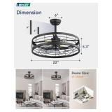 LEDIARY 22 inch Black Caged Ceiling Fan with Light, Bladeless Industrial Ceiling Fan with Remote, Farmhouse Fan Lights Ceiling Fixtures for Kitchen, Bedroom, Outdoorï¼6 Speed, Timingï¼-Black