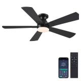 BYKISTOK Black Ceiling Fans with Lights - 52In Flush Mount Ceiling Fan Light with Remote, 3CCT Dimmable and 6 Wind Speeds, Modern Low Profile Fan Light for Indoor Bedroom, Covered Outdoor