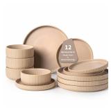 FOBENTA Dinnerware Sets for 4,Microwave Safe Plates and Bowls Sets,12 Piece Dylan Dish Set,Reactive Glaze Stoneware Dinnerware Set (Matte Reactive Khaki Beige, Service for 4 (12pcs))