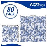 AnyDesign 80Pcs Blue Floral Paper Napkins Vintage Flower Birds Luncheon Napkins Blue White Floral Dessert Dinner Hand Napkin for Wedding Birthday Home Kitchen Tea Party Supplies, 6.5 x 6.5 Inch