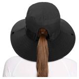Rosoz 2 Pack Ponytail Sun Bucket Hats for Women UV Protection Foldable Mesh Wide Brim Hiking Beach Fishing Summer Safari