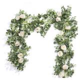 Der Rose 2Pcs Artificial Eucalyptus Flower Garland with Fake Rose Flower Vine Seeded Eucalyptus Leaves Greenery Garland for Wedding Table Runner Backdrop Party Centerpiece Decor (White-Total 13FT)