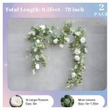 Der Rose 2Pcs Artificial Eucalyptus Flower Garland with Fake Rose Flower Vine Seeded Eucalyptus Leaves Greenery Garland for Wedding Table Runner Backdrop Party Centerpiece Decor (White-Total 13FT)