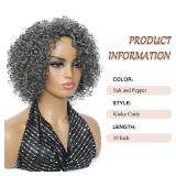 HUA Grey Wig for Women Human Hair Glueless Kinky Curly Salt and Pepper Wigs for Black Women Short Curly Wear and Go Glueless Wig for Old Lady Non-Lace Bob Gray Wigs Human Hair Mixed